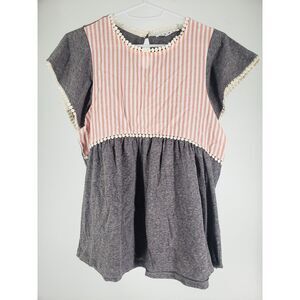 THML Anthropologie Sz XS Short Flutter Sleeve Boho Blouse Top Stripe Tassel Trim